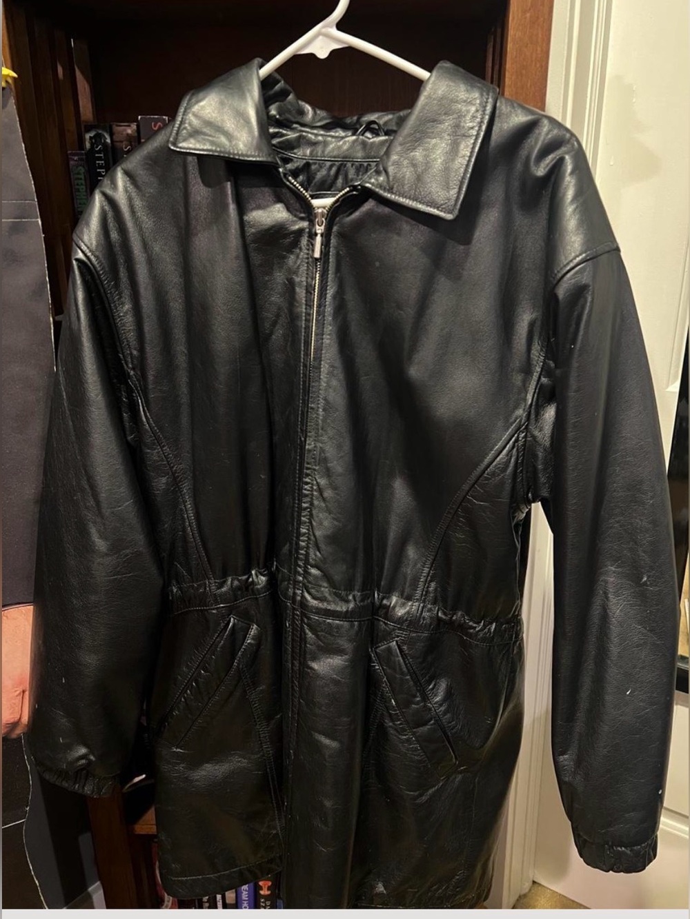 Wilson Women Black Leather Zip-Front Jacket Trench Coat Quilted Heavy Warm Nice